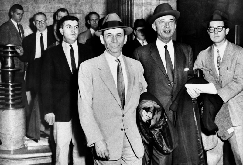 Underworld figure Meyer Lansky (center) with his lawyer, Mor